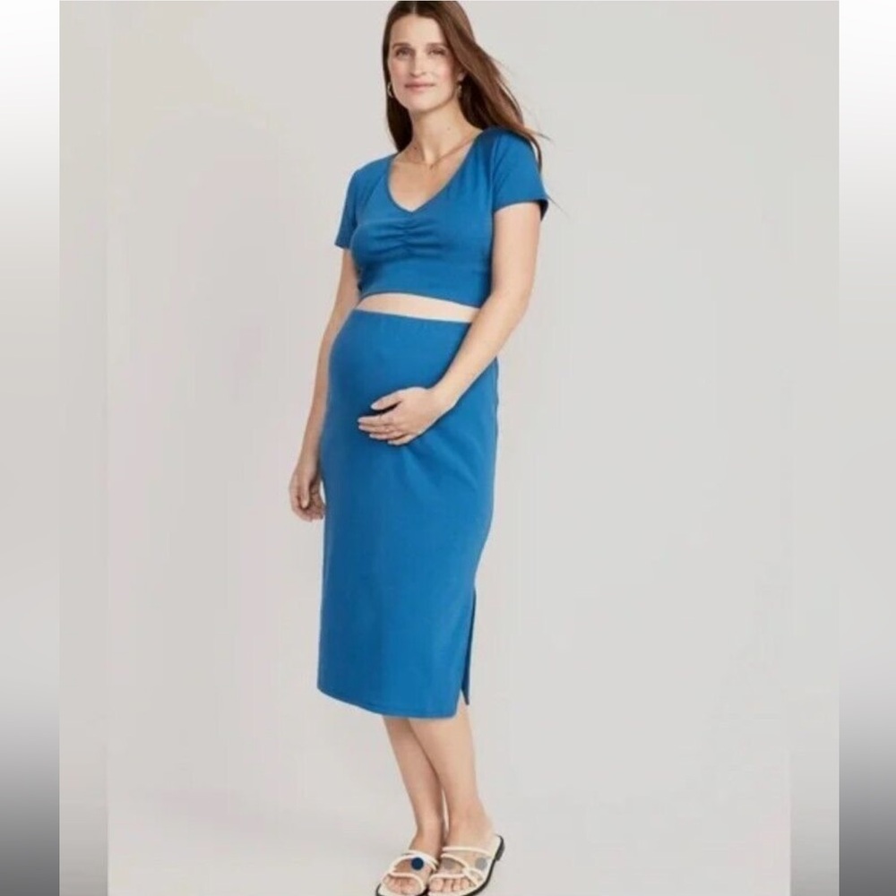 Old Navy Maternity Rib-Knit Cropped Top and Midi Skirt Set Medium Blue